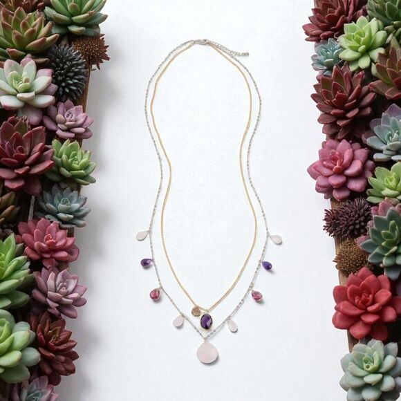 J. Jill Layered Necklace Faceted Glass Charms Iced Rose Quartz Teardrop Adjusts - Picture 10 of 15